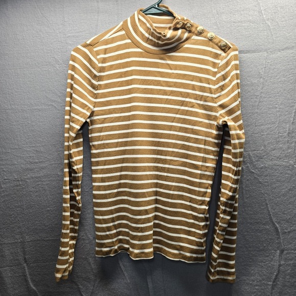 J.Crew Vintage Rib Turtleneck Gold buttons Cape Stripe Brandy Ivory Medium bt676 - Picture 1 of 5